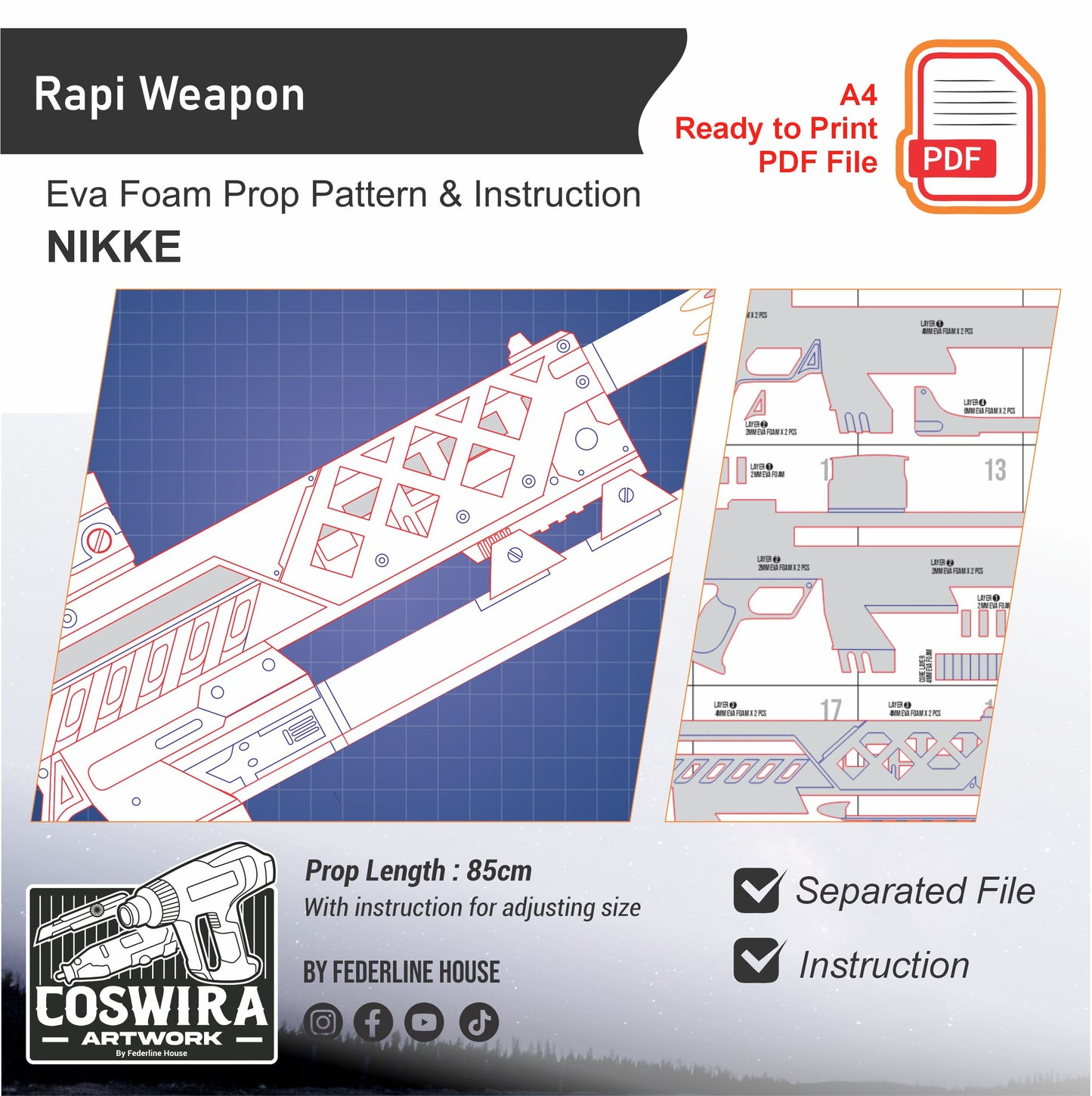 Prop Pattern: Rapi Gun from Nikke Goddess of Victory Cosplay Template Blueprint PDF
