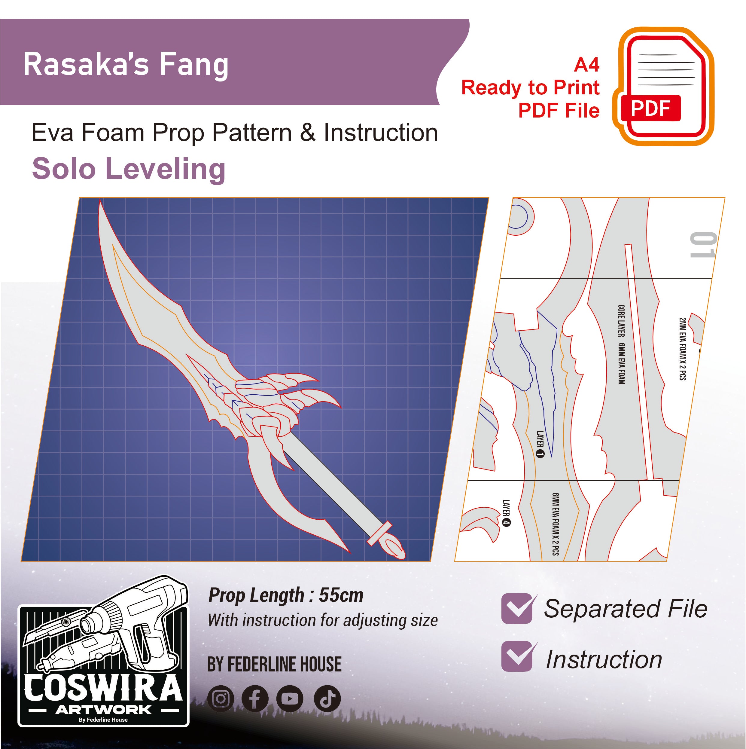 Prop Pattern: Rasaka's Fang from Solo Leveling Cosplay Template Bluepr ...