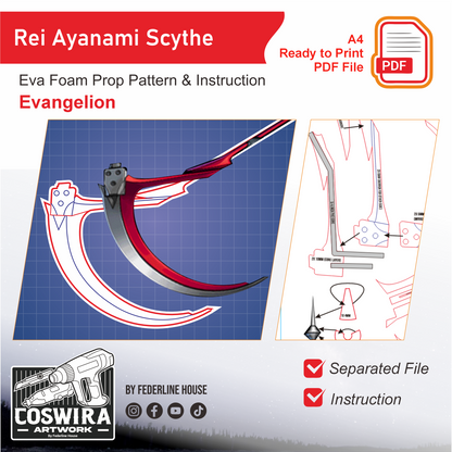 Prop Pattern: Rei Ayanami Scythe from Evangelion Cosplay Template Blueprint PDF
