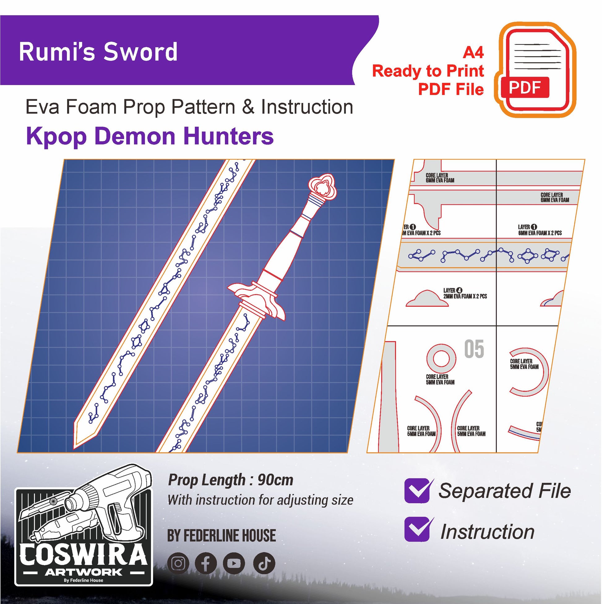 Prop Pattern: Rumi Sword from KPOP Demon Hunters Cosplay Template Blue ...