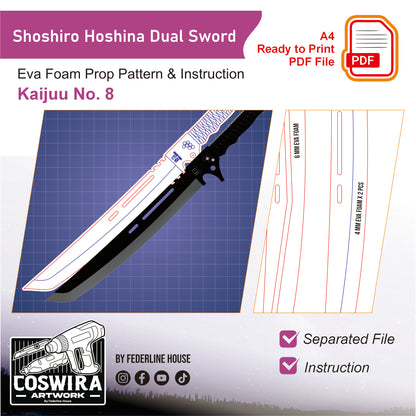 Prop Pattern: Soshiro Hoshina Dual Sword from Kaiju No. 8 Cosplay Template Blueprint PDF