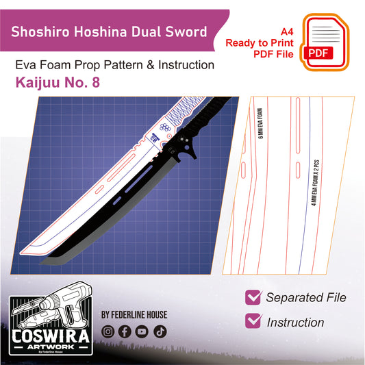 Prop Pattern: Soshiro Hoshina Dual Sword from Kaiju No. 8 Cosplay Template Blueprint PDF