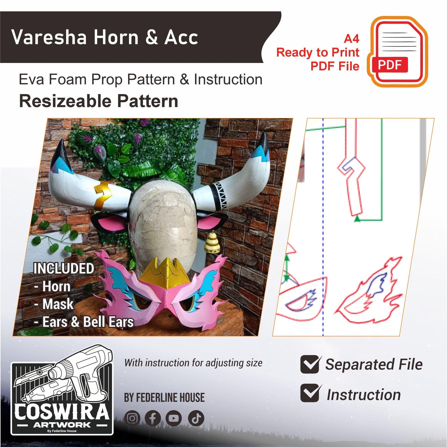Prop Pattern: Varesa Horn & Accessories from Genshin Impact Cosplay Template Blueprint PDF