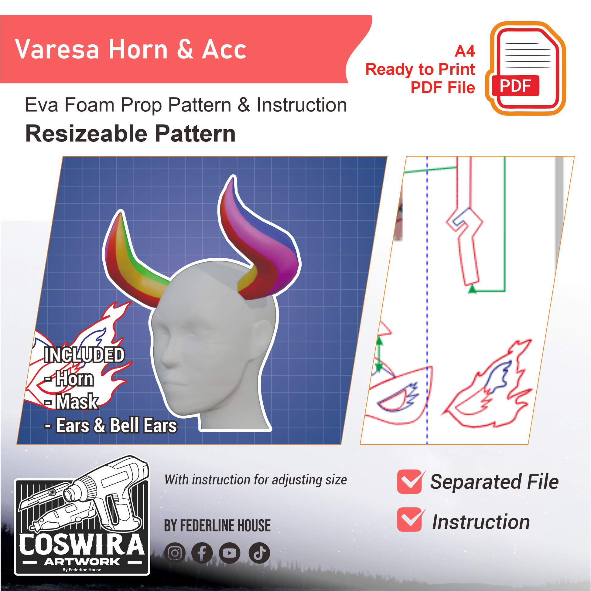 Prop Pattern: Varesa Horn & Accessories from Genshin Impact Cosplay Template Blueprint PDF
