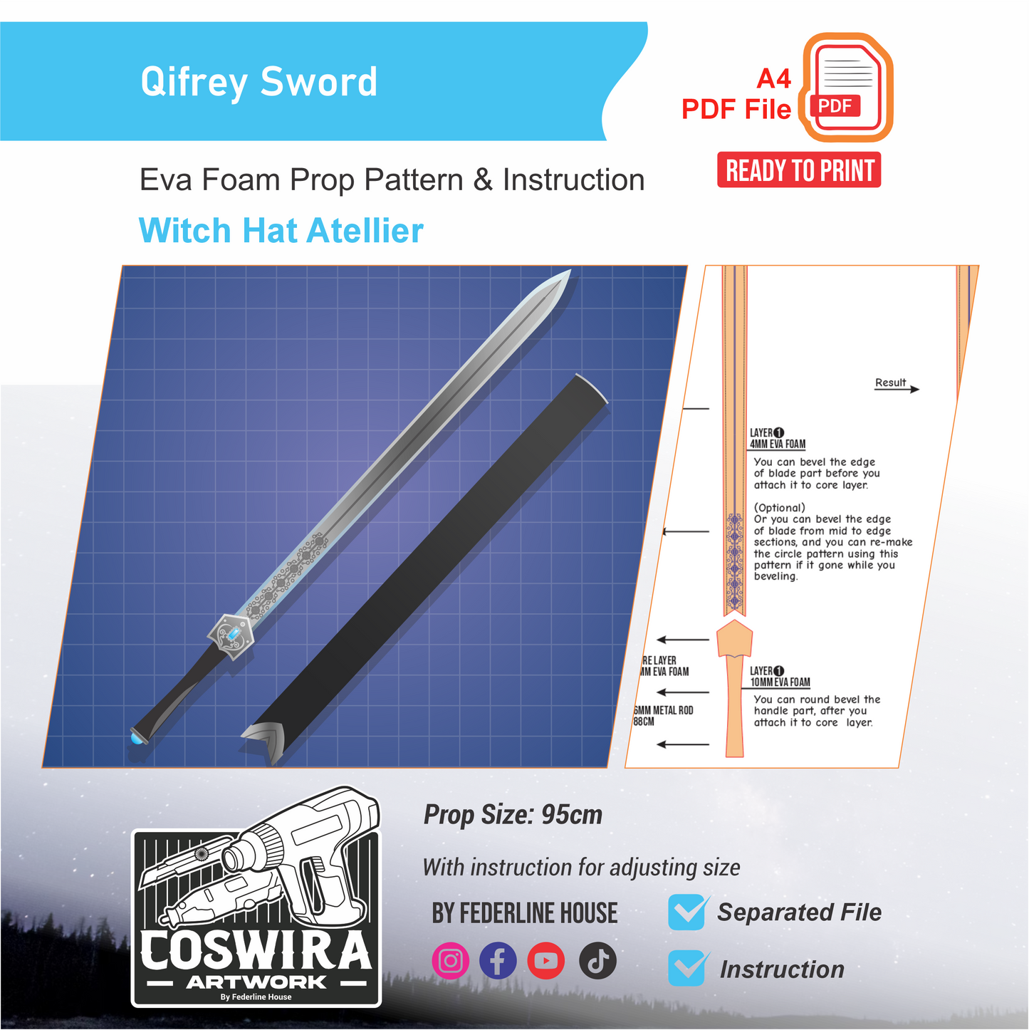 Qifrey Sword Prop Pattern Template – EVA Foam Pattern for Cosplay and DIY Builds Inspired by Witch Hat Atelier