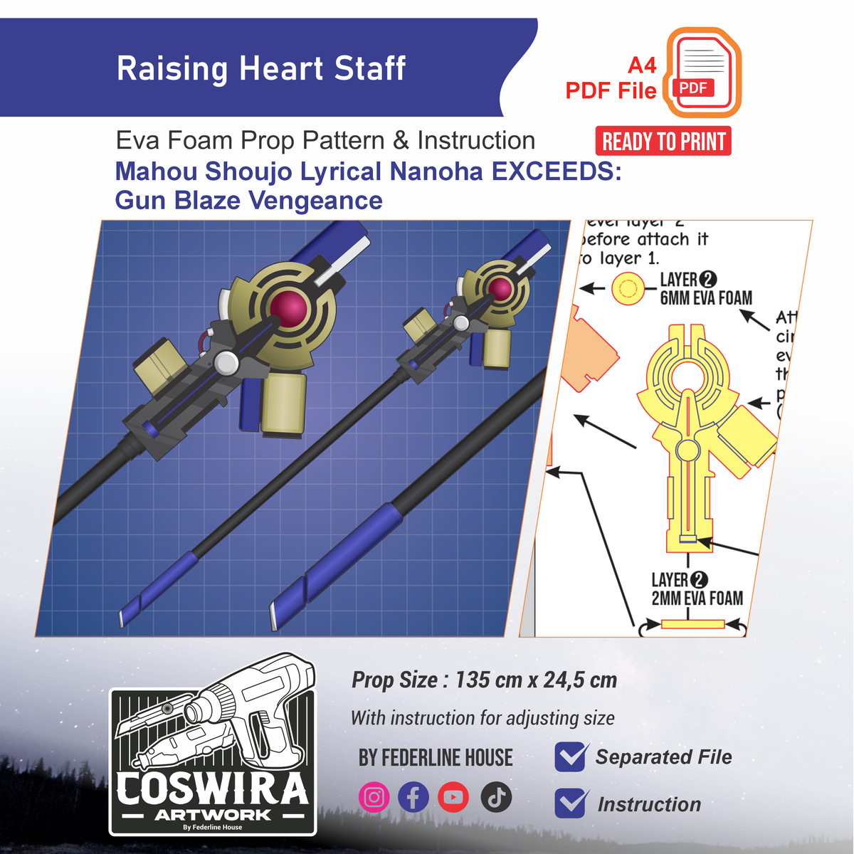 Raising Heart Staff Prop Pattern Template – EVA Foam Pattern for Cosplay and DIY Builds Inspired by Magical Girl Lyrical Nanoha