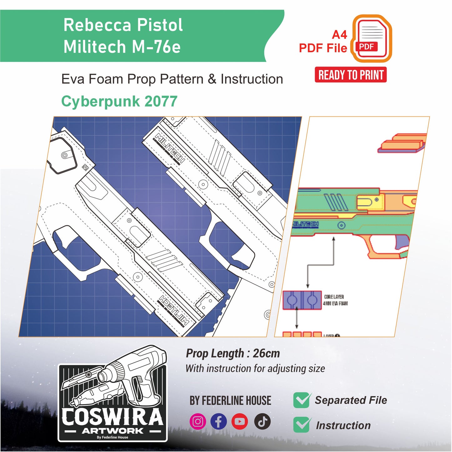 Rebecca Militech M-76e Omaha Pistol Prop Pattern Template – EVA Foam Pattern for Cosplay and DIY Builds Inspired by Cyberpunk 2077