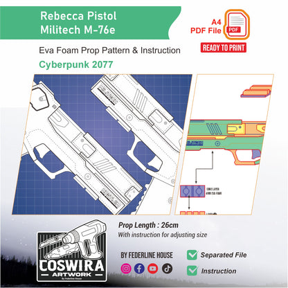 Rebecca Militech M-76e Omaha Pistol Prop Pattern Template – EVA Foam Pattern for Cosplay and DIY Builds Inspired by Cyberpunk 2077