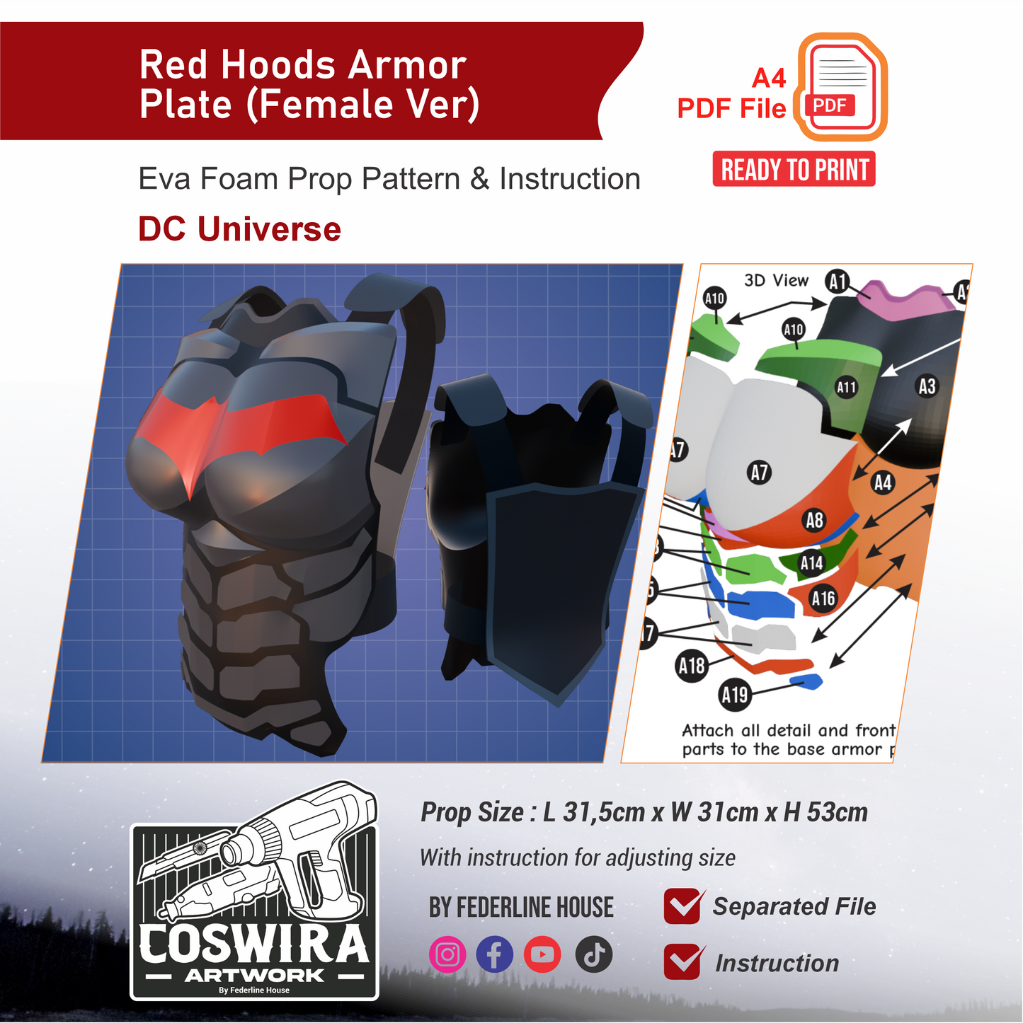 Red Hood Armor Plate Prop Pattern Template – EVA Foam Pattern for Cosplay and DIY Builds Inspired by DC Comics