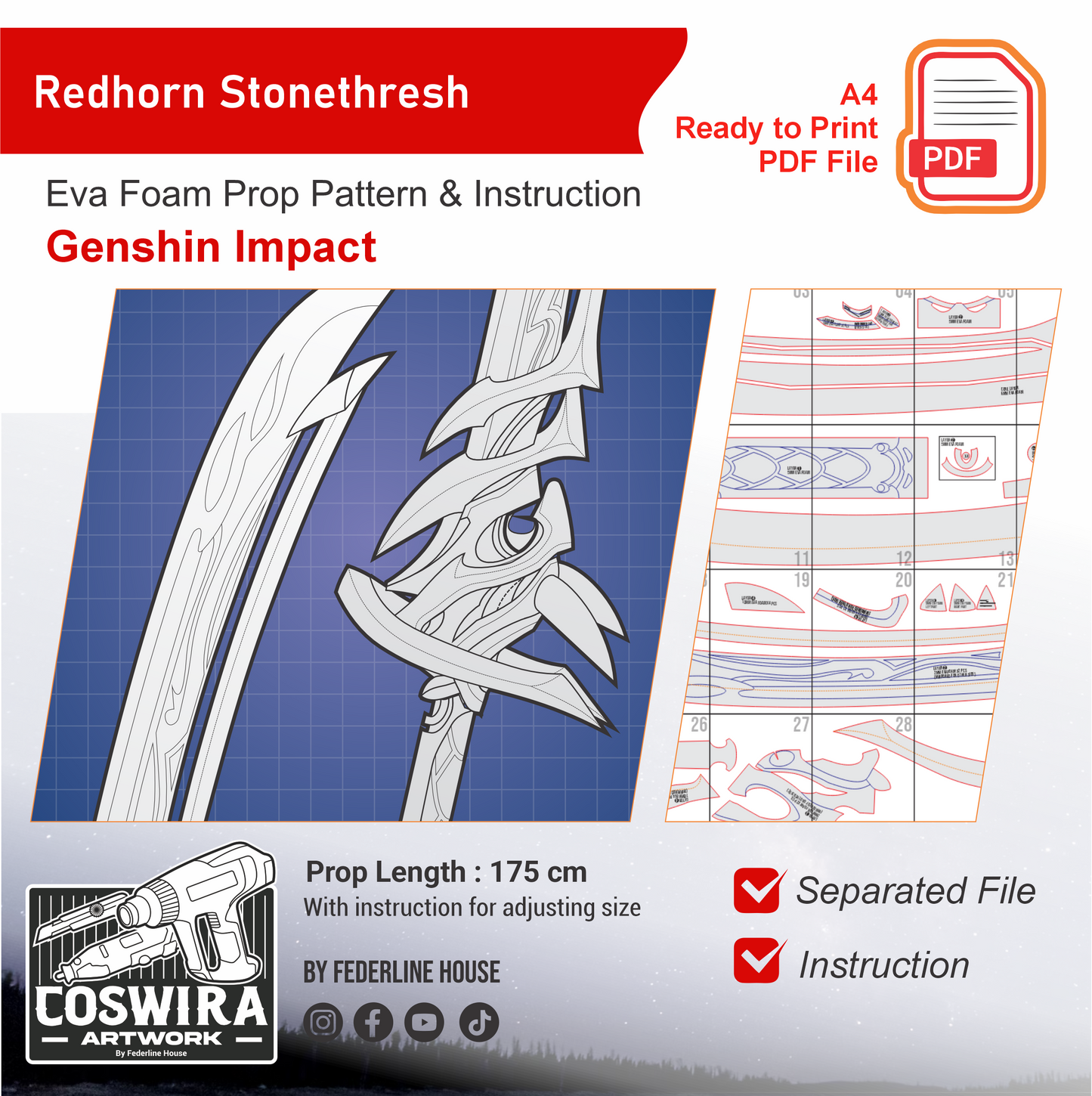 Redhorn Stonethresher Prop Pattern Template – EVA Foam Pattern for Cosplay & DIY Builds Inspired by Genshin Impact