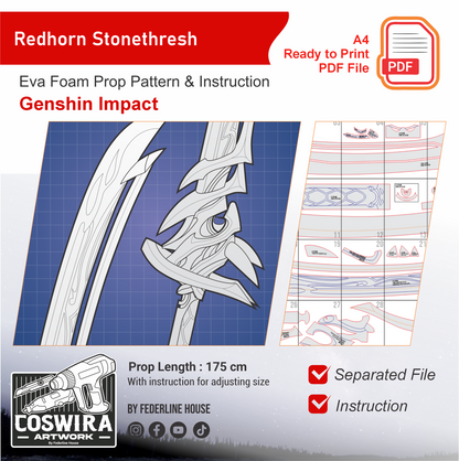 Redhorn Stonethresher Prop Pattern Template – EVA Foam Pattern for Cosplay & DIY Builds Inspired by Genshin Impact