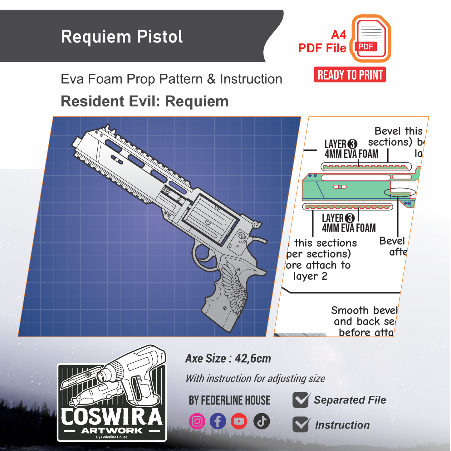 Requiem Pistol Prop Pattern Template – EVA Foam Pattern for Cosplay and DIY Builds Inspired by Resident Evil Requiem