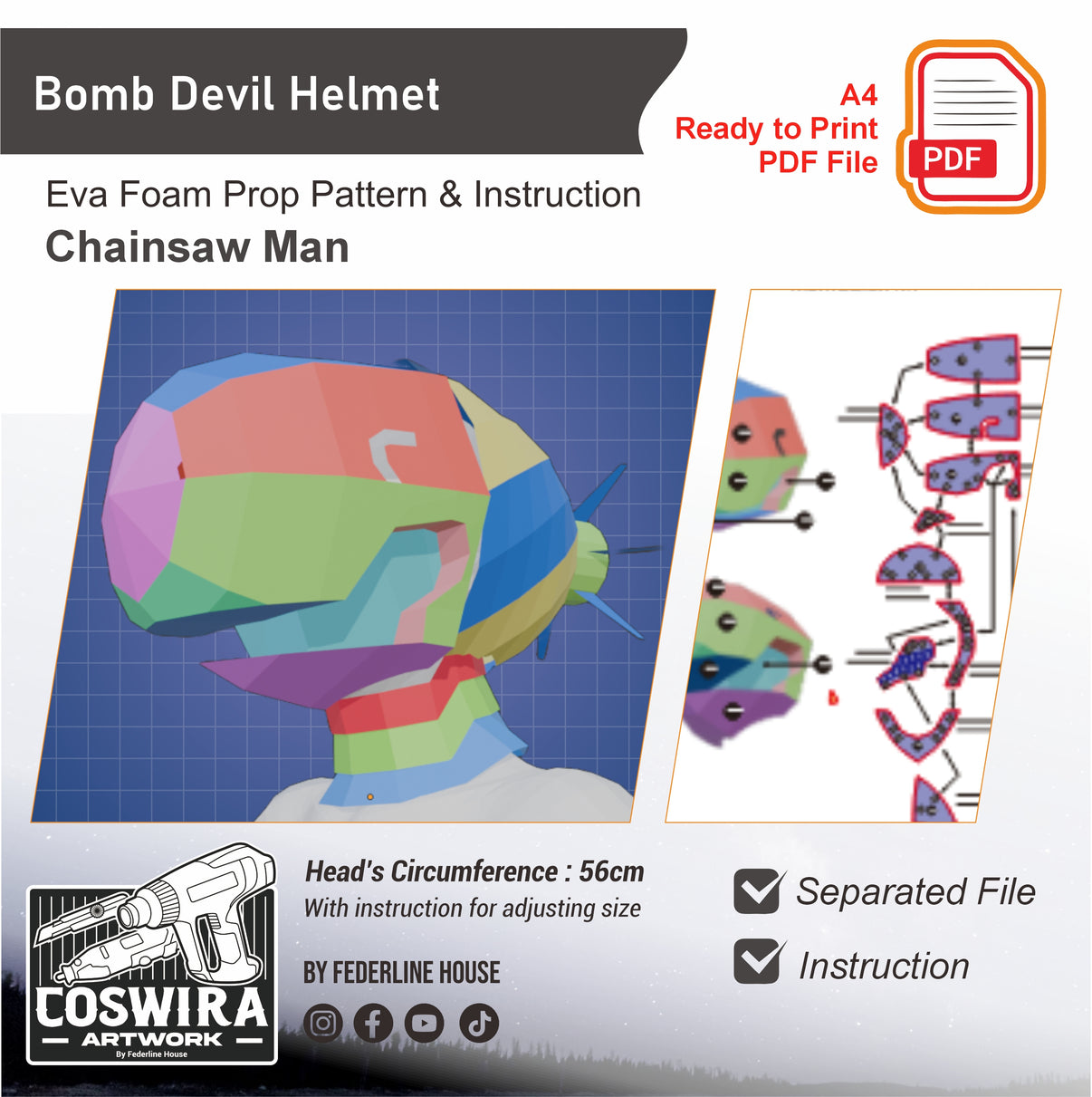 Bomb Devil Helmet Prop Pattern Template – EVA Foam Pattern for Cosplay ...