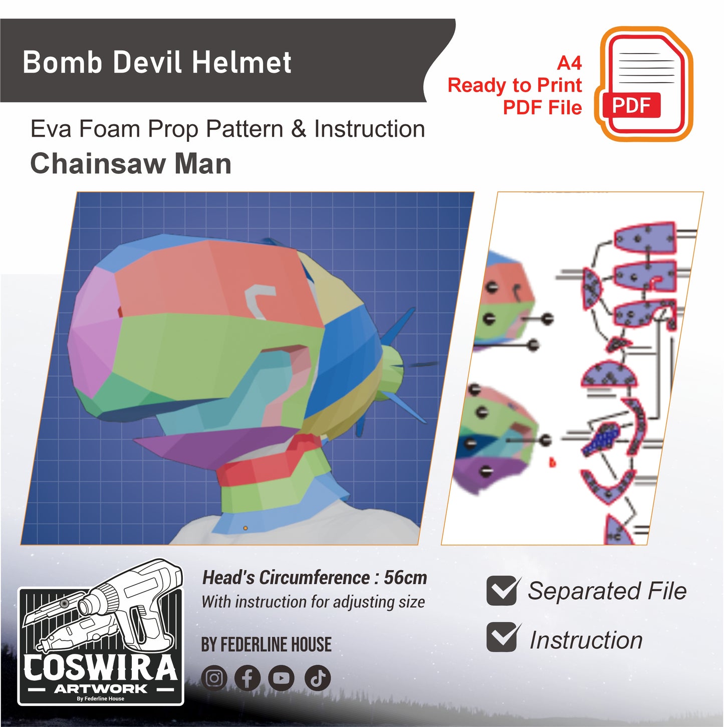 Bomb Devil Helmet Prop Pattern Template – EVA Foam Pattern for Cosplay & DIY Builds Inspired by Chainsaw Man