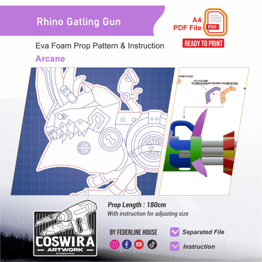 Prop Pattern: Jinx Rhino Gatling Gun Non Functional Gatling Eva Foam Cosplay from Arcane League of Legends Template Blueprint PDF