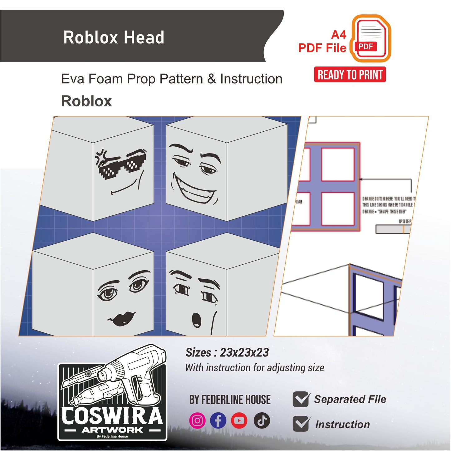 Roblox Head Helmet Prop Pattern Template – EVA Foam Pattern for Cosplay and DIY Builds Inspired by Roblox