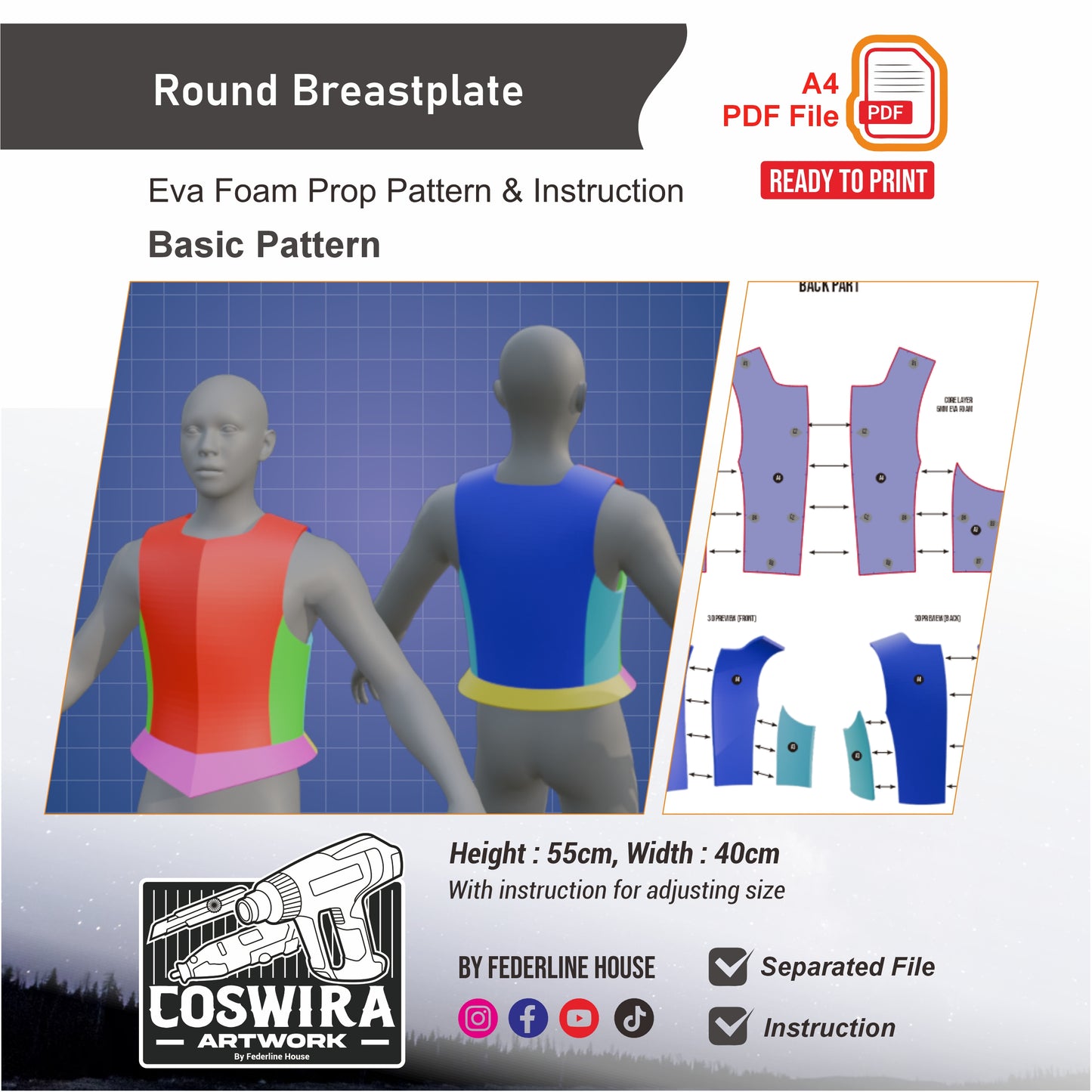 Round Breastplate Prop Pattern Template – EVA Foam Pattern for Cosplay and DIY Builds Inspired by Fantasy Armor
