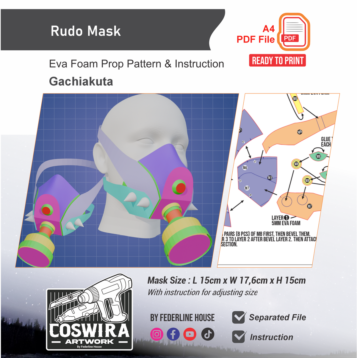 Rudo Mask Prop Pattern Template – EVA Foam Pattern for Cosplay & DIY B ...