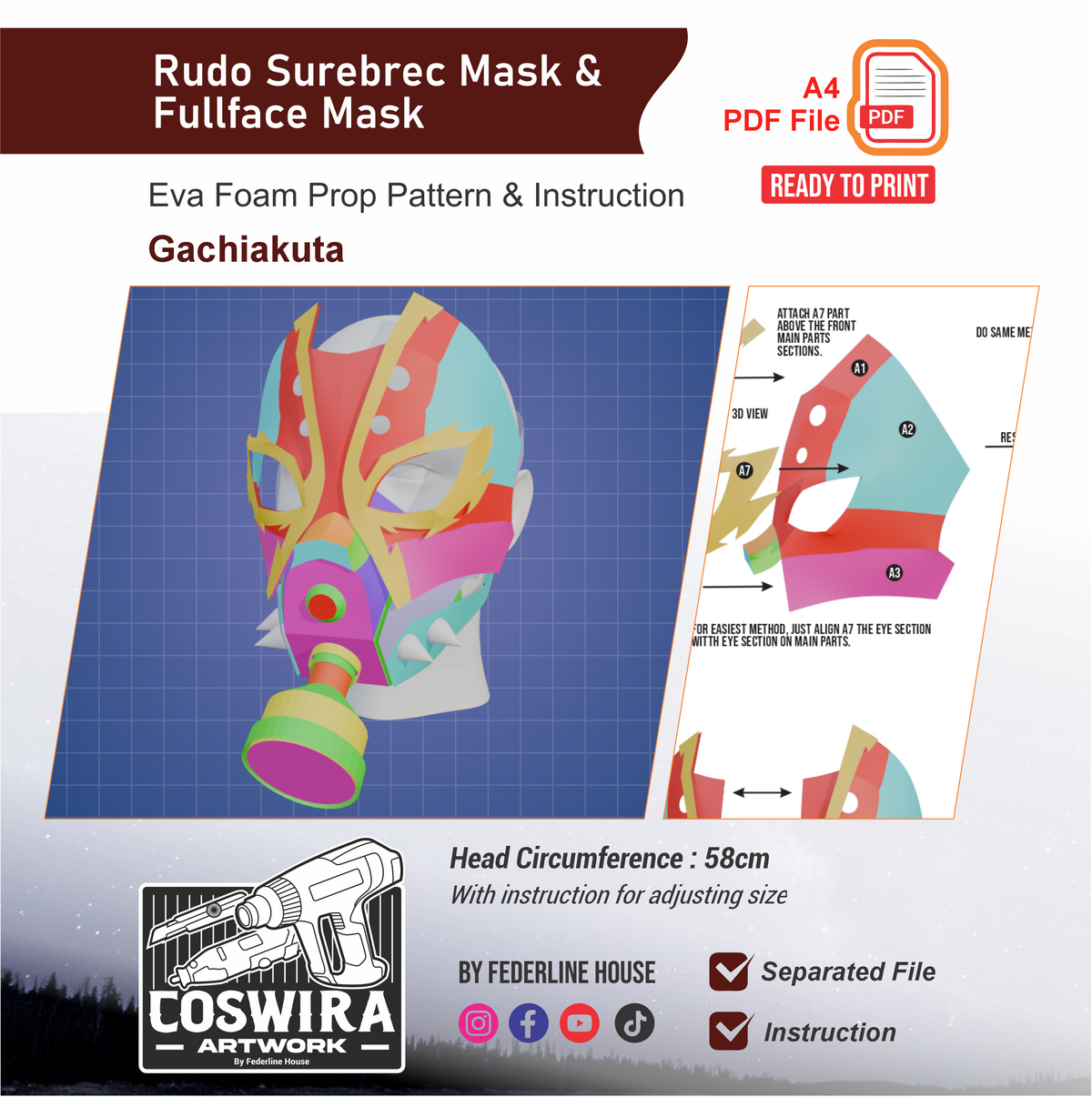 Rudo Surebrec Mask & Full Face Mask Prop Pattern Template – EVA Foam P ...