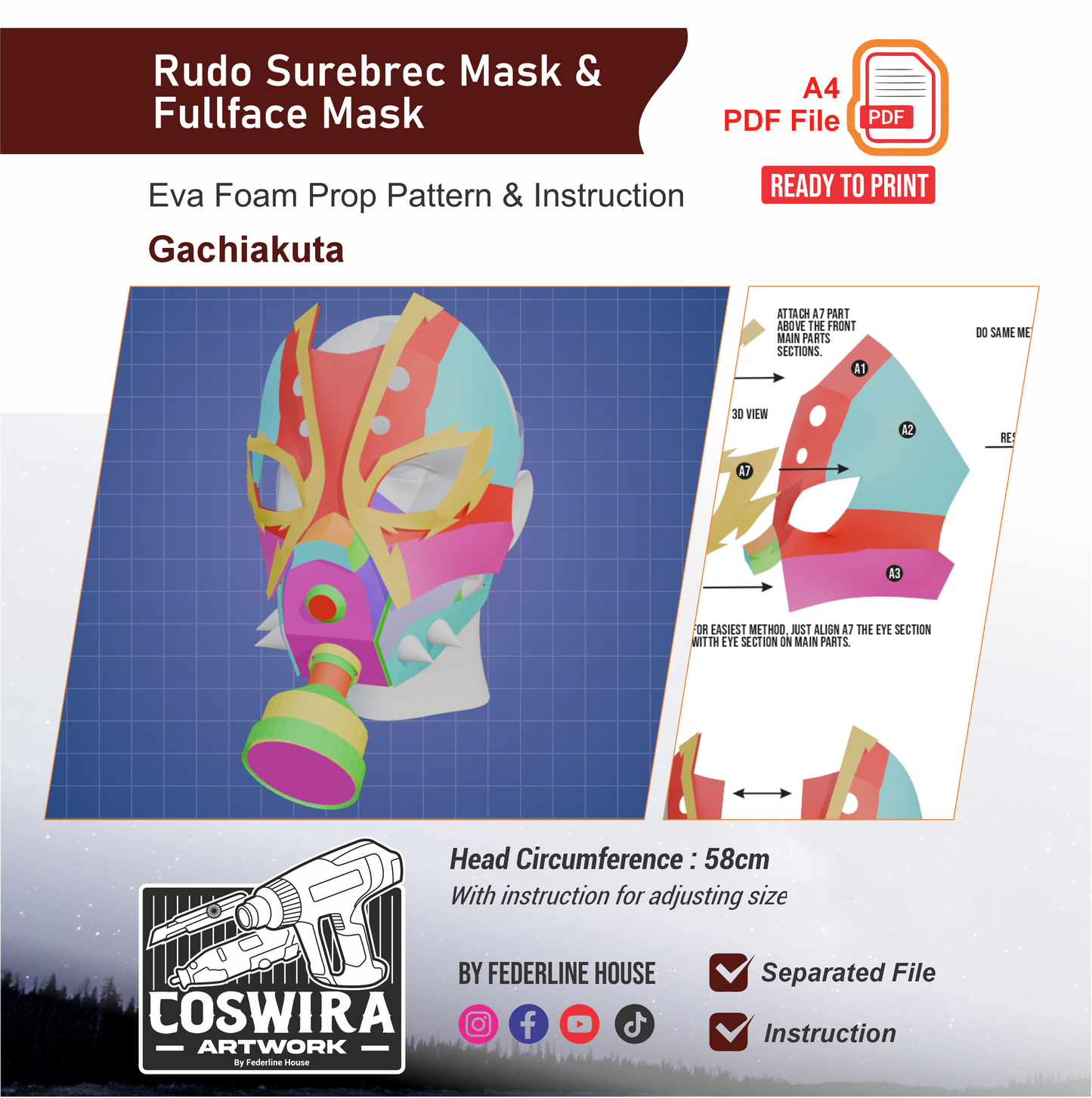 Rudo Surebrec Mask & Full Face Mask Prop Pattern Template – EVA Foam Pattern for Cosplay and DIY Builds Inspired by Gachiakuta Anime