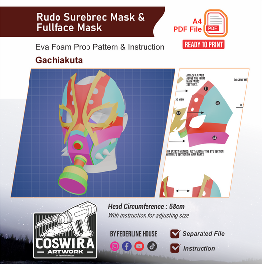 Rudo Surebrec Mask & Full Face Mask Prop Pattern Template – EVA Foam Pattern for Cosplay and DIY Builds Inspired by Gachiakuta Anime