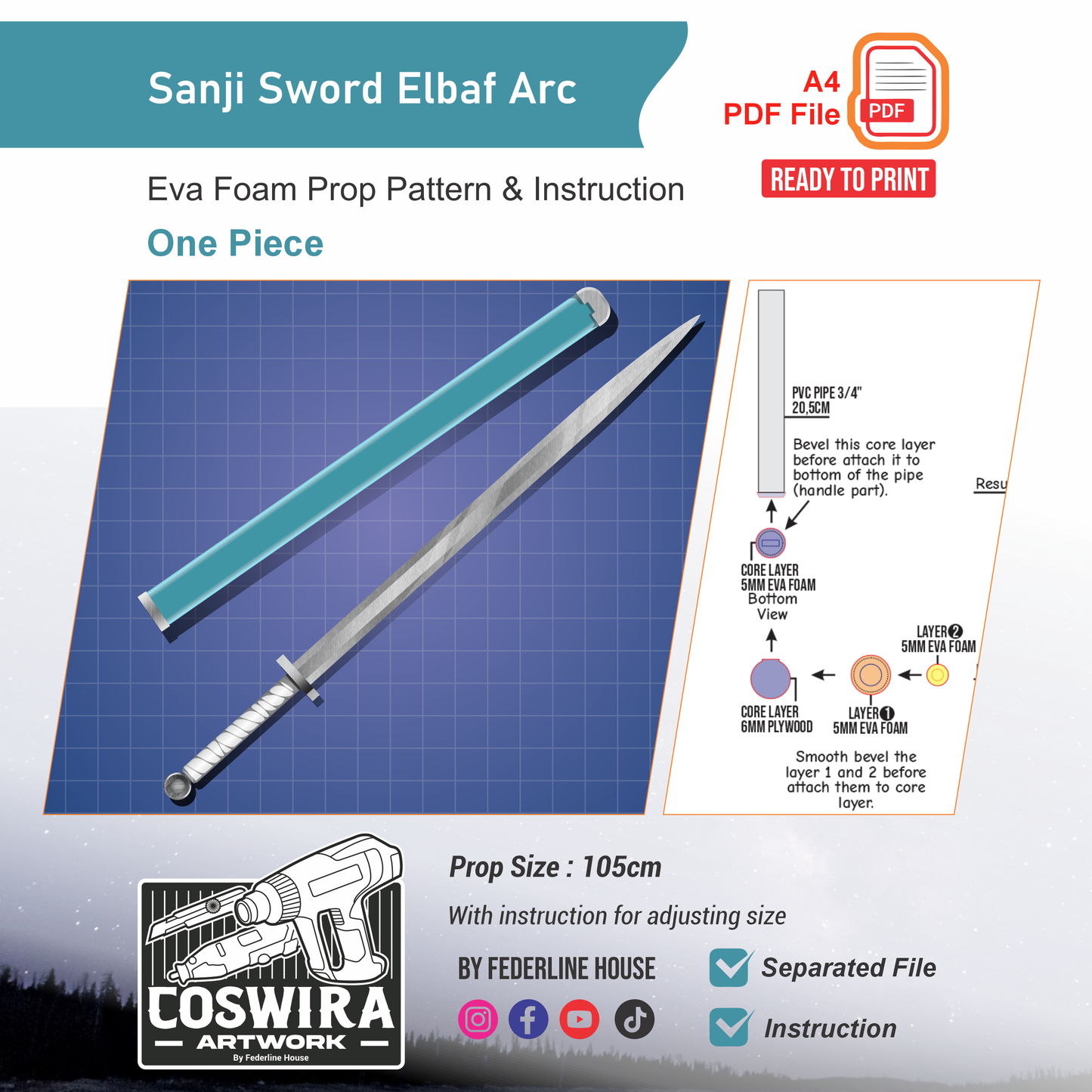 Sanji Elbaf Sword Prop Pattern Template – EVA Foam Pattern for Cosplay and DIY Builds Inspired by One Piece Anime