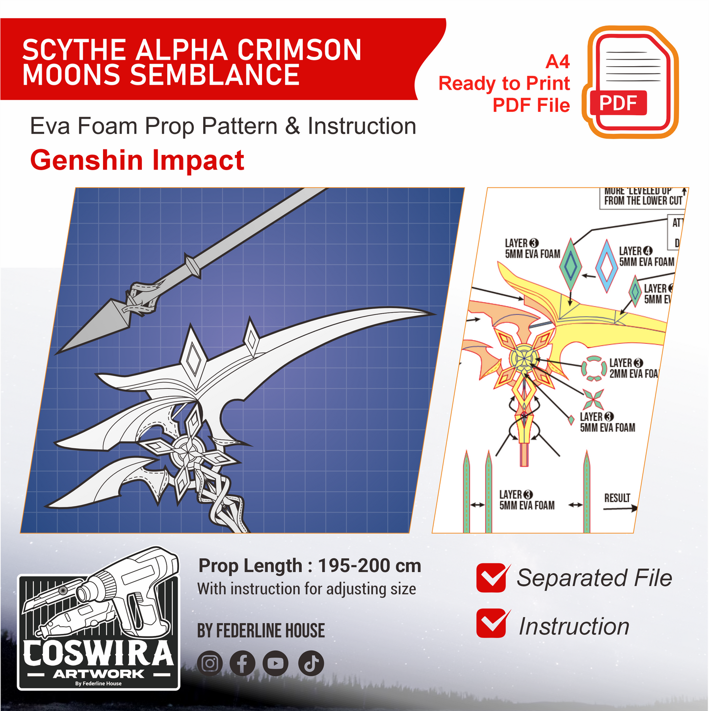 Scythe Alpha Crimson Moon’s Semblance Prop Pattern Template – EVA Foam Pattern for Cosplay & DIY Builds Inspired by Genshin Impact