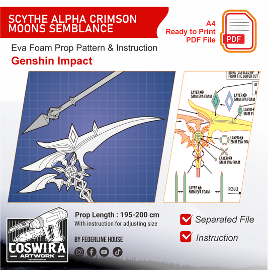 Scythe Alpha Crimson Moon’s Semblance Prop Pattern Template – EVA Foam Pattern for Cosplay & DIY Builds Inspired by Genshin Impact