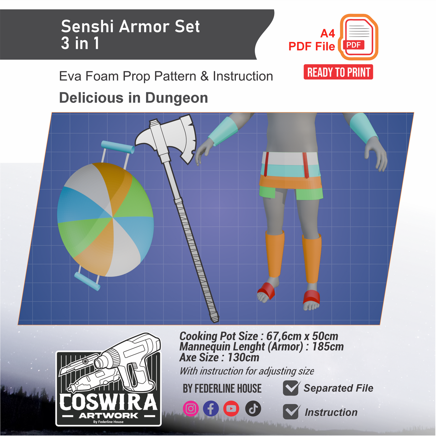 Senshi 3-in-1 Cosplay Prop Pattern Bundle – Armor Axe Pan EVA Foam Templates Inspired by Dungeon Meshi