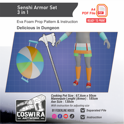 Senshi 3-in-1 Cosplay Prop Pattern Bundle – Armor Axe Pan EVA Foam Templates Inspired by Dungeon Meshi