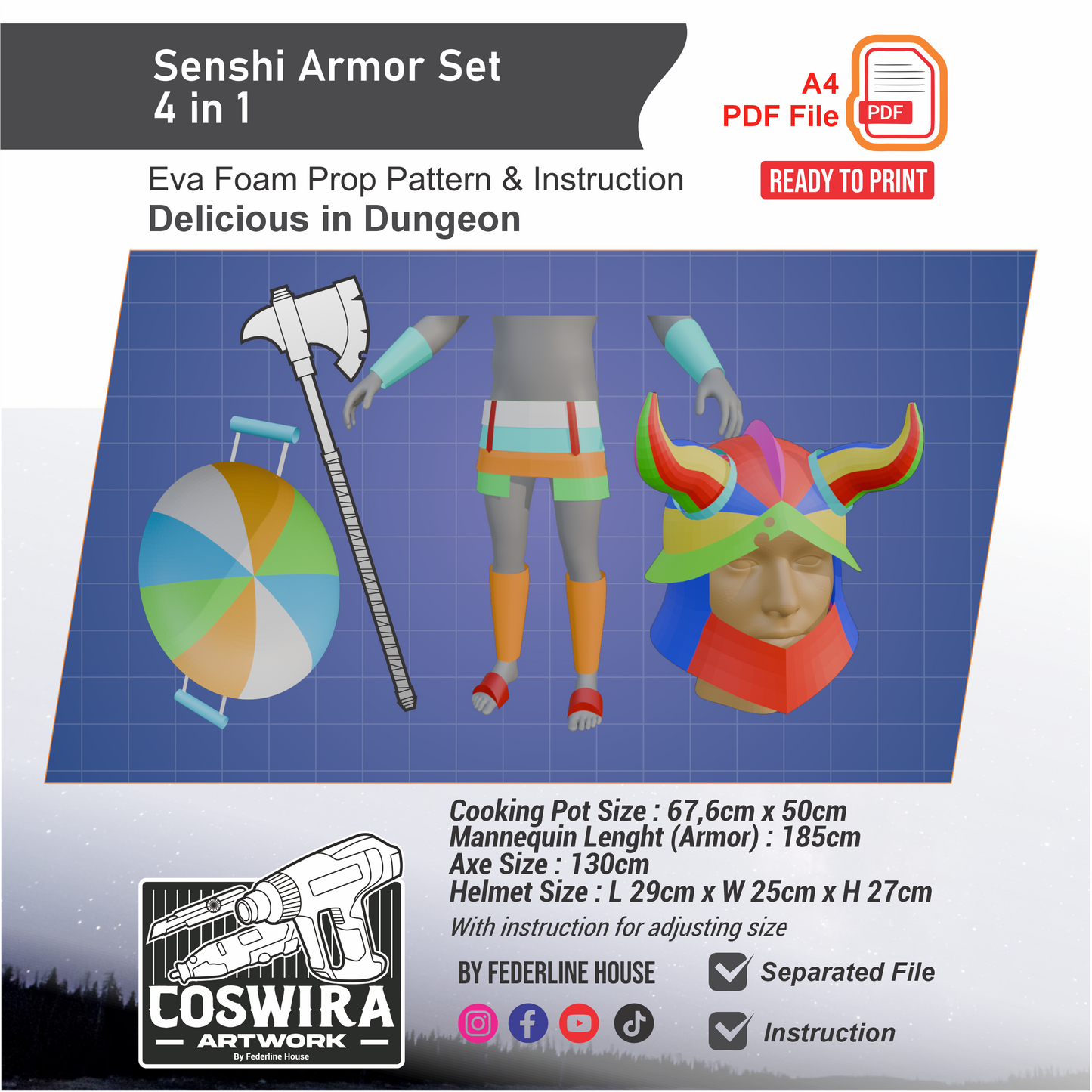 Senshi 4-in-1 Cosplay Prop Pattern Bundle – Helmet Armor Axe Pan EVA Foam Templates Inspired by Dungeon Meshi