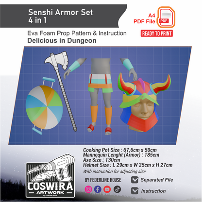 Senshi 4-in-1 Cosplay Prop Pattern Bundle – Helmet Armor Axe Pan EVA Foam Templates Inspired by Dungeon Meshi
