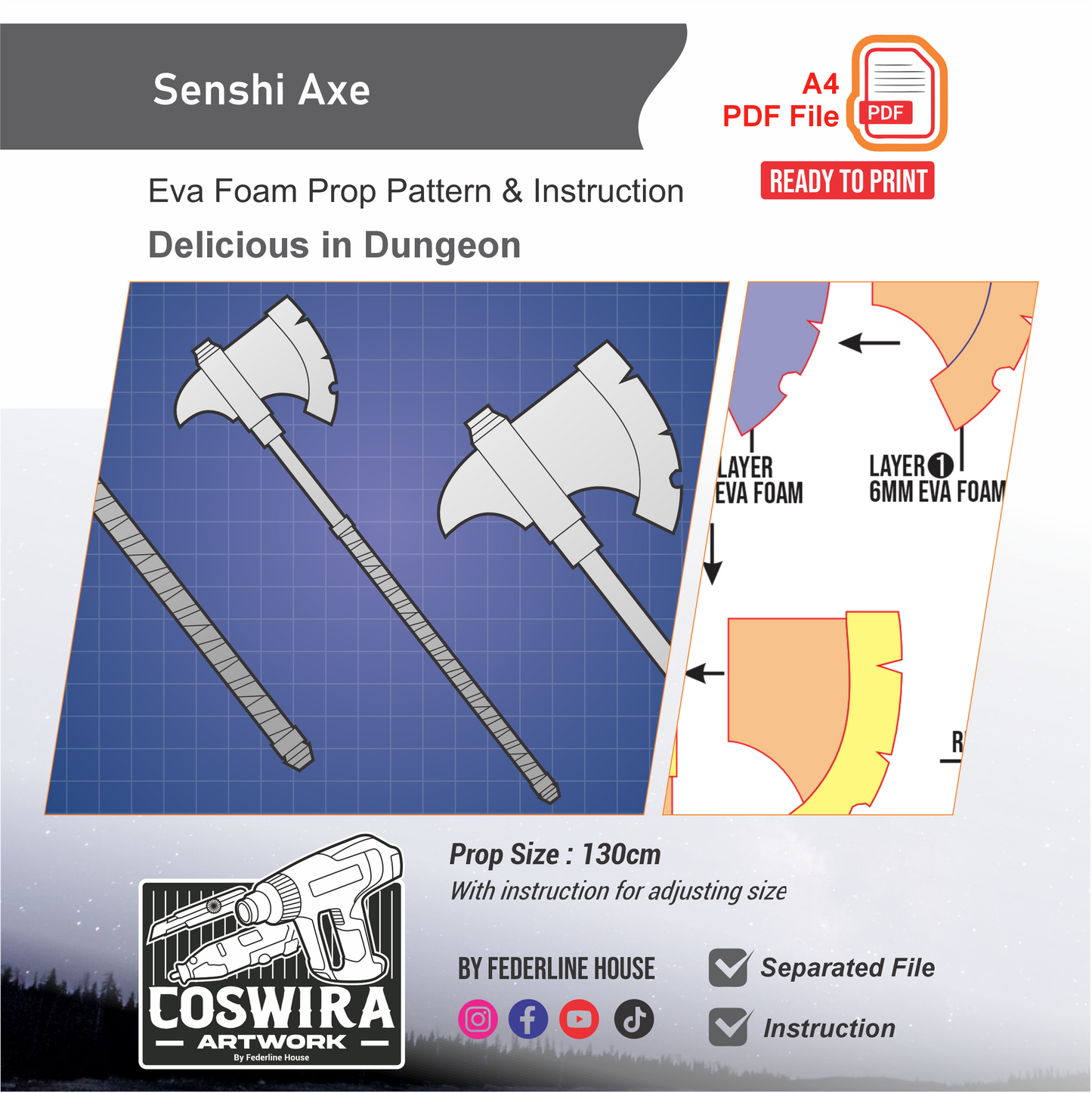 Senshi Axe Prop Pattern Template – EVA Foam Cosplay Pattern Inspired by Dungeon Meshi