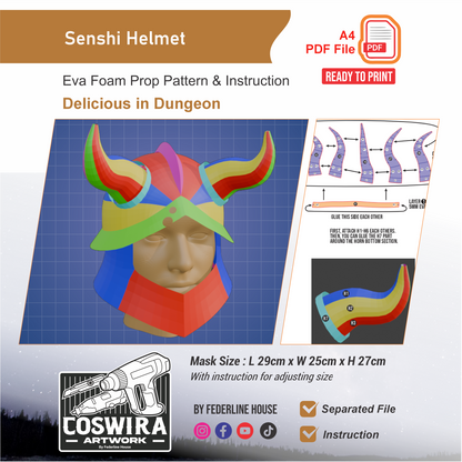 Senshi Helmet Prop Pattern Template – EVA Foam Pattern for Cosplay & DIY Builds Inspired by Senshi from Dungeon Meshi