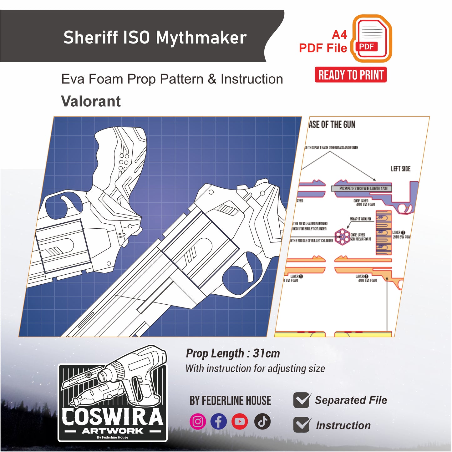 Sheriff Mythmaker Gun Prop Pattern Template – EVA Foam Pattern for Cosplay and DIY Builds Inspired by Valorant