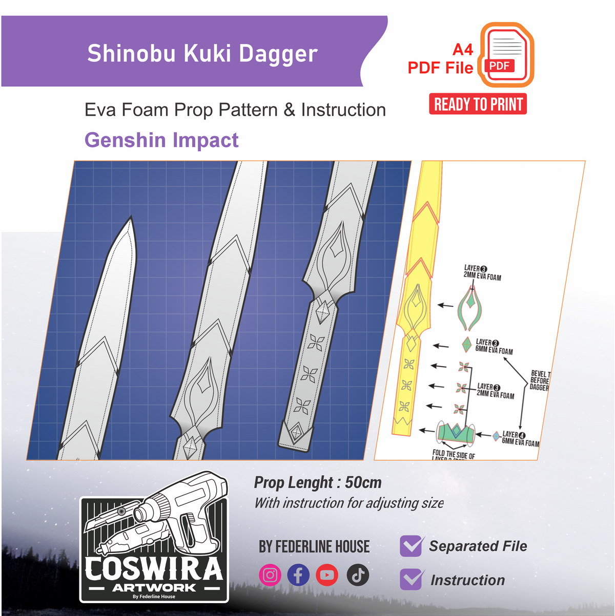 Kuki Patterns Shinobu Kuki Dagger Prop Pattern Template – EVA Foam Pattern for Cospl ...
