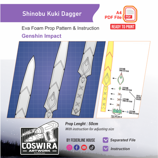 Shinobu Kuki Dagger Prop Pattern Template – EVA Foam Pattern for Cosplay & DIY Builds Inspired by Genshin Impact