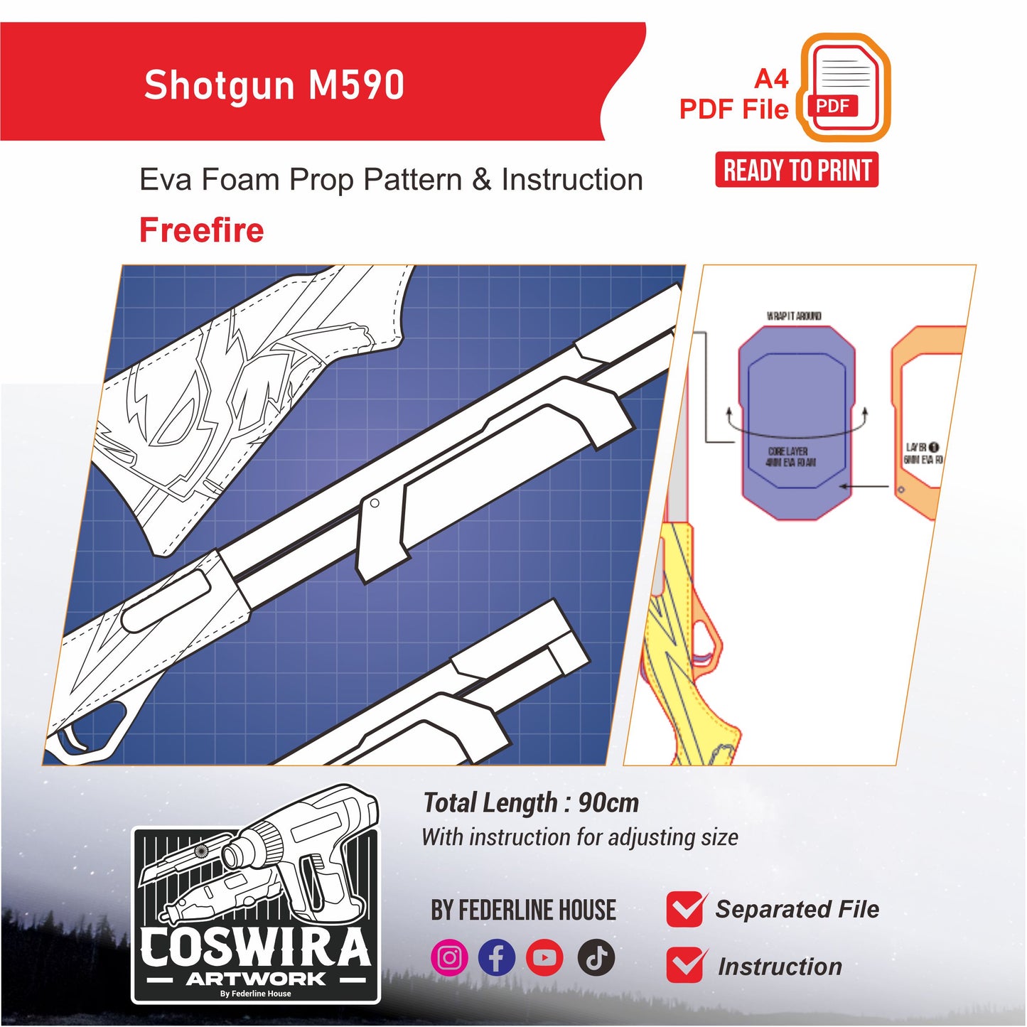Shotgun M590 Prop Pattern Template – EVA Foam Pattern for Cosplay and DIY Builds Inspired by Free Fire
