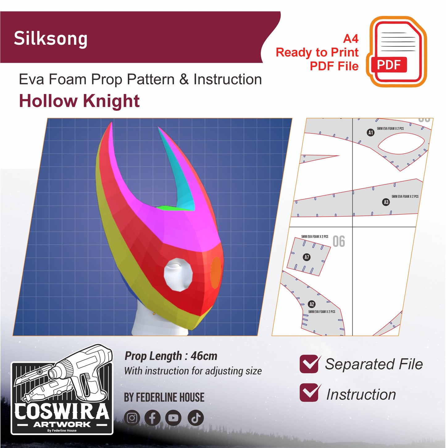 Template + Video: Hornet (Silksong) Helmet Mask – EVA Foam Pattern Inspired by Hollow Knight - You Can Change The Eye - Instruction Included