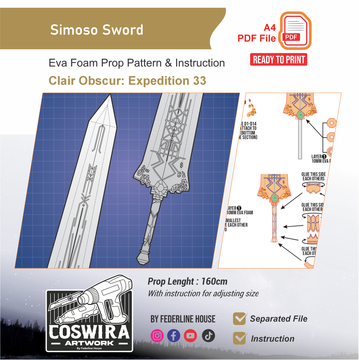 Simoso – Simon’s Sword Prop Pattern Template – EVA Foam Pattern for Cosplay & DIY Builds Inspired by Clair Obscur: Expedition 33