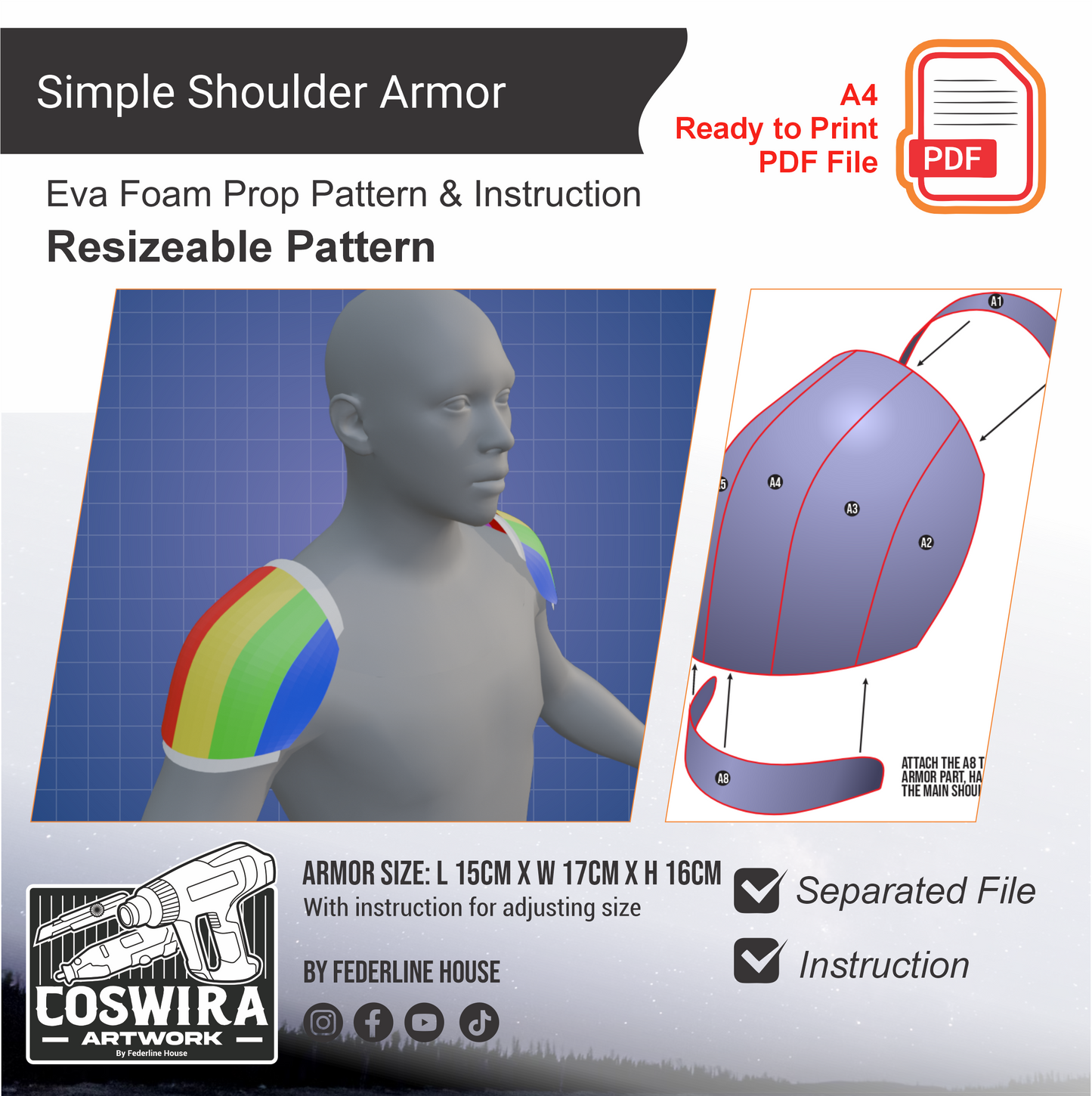 Simple Shoulder Armor Basic Pattern Template – EVA Foam Pattern for Cosplay & DIY Builds