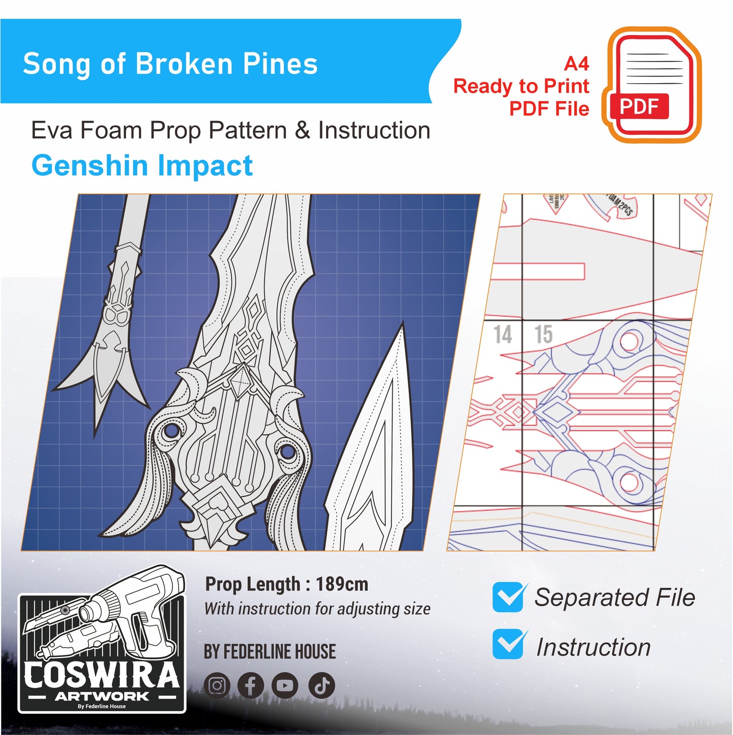 Song of Broken Pines Prop Pattern Template – EVA Foam Pattern for Cosplay & DIY Builds Inspired by Genshin Impact