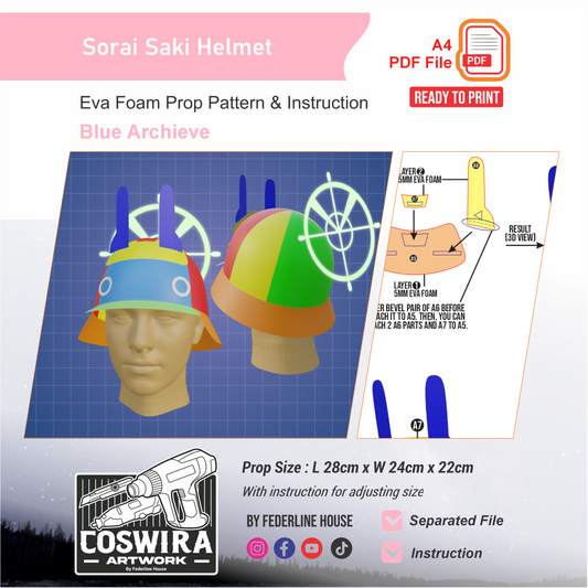 Sorai Saki Helmet Prop Pattern Template – EVA Foam Cosplay PDF Inspired by Blue Archive