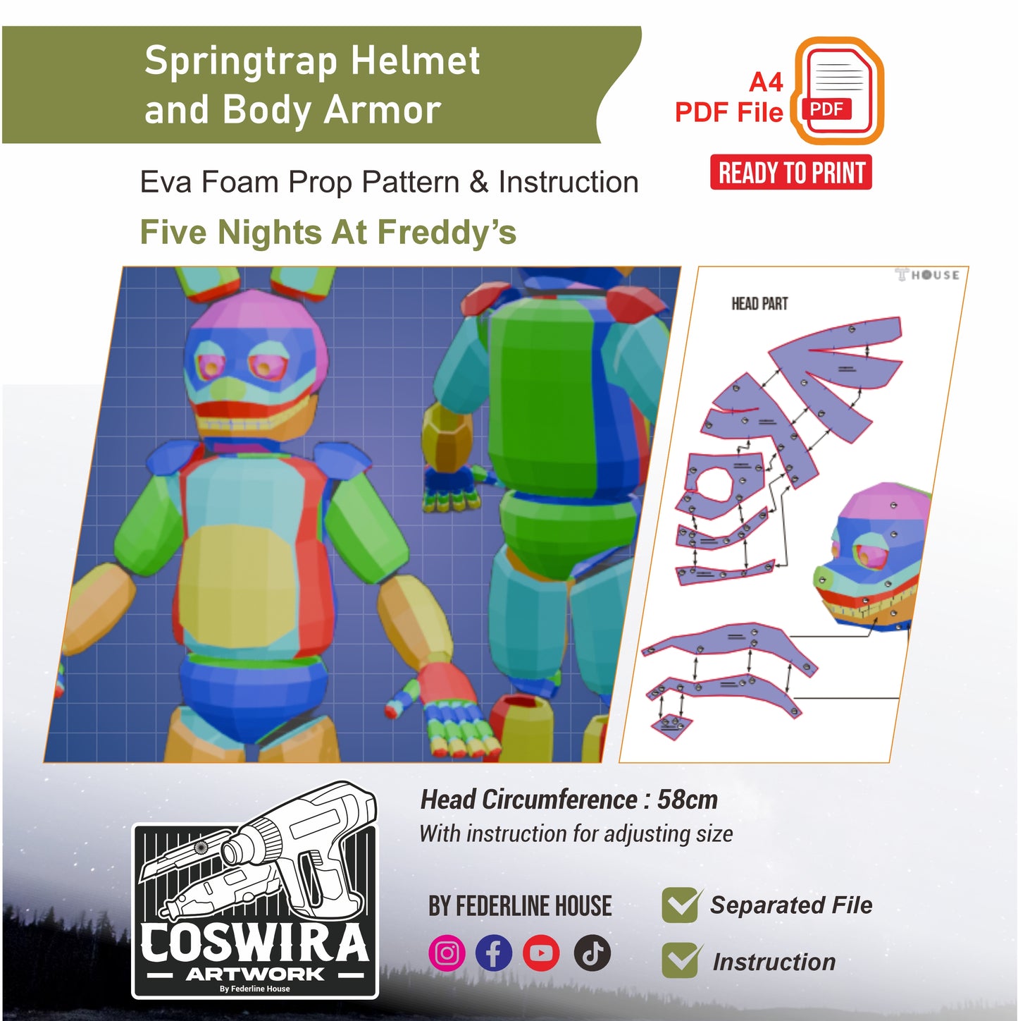 Springtrap Helmet and Body Armor Prop Pattern Template – EVA Foam Pattern for Cosplay & DIY Builds Inspired by Five Nights at Freddy’s