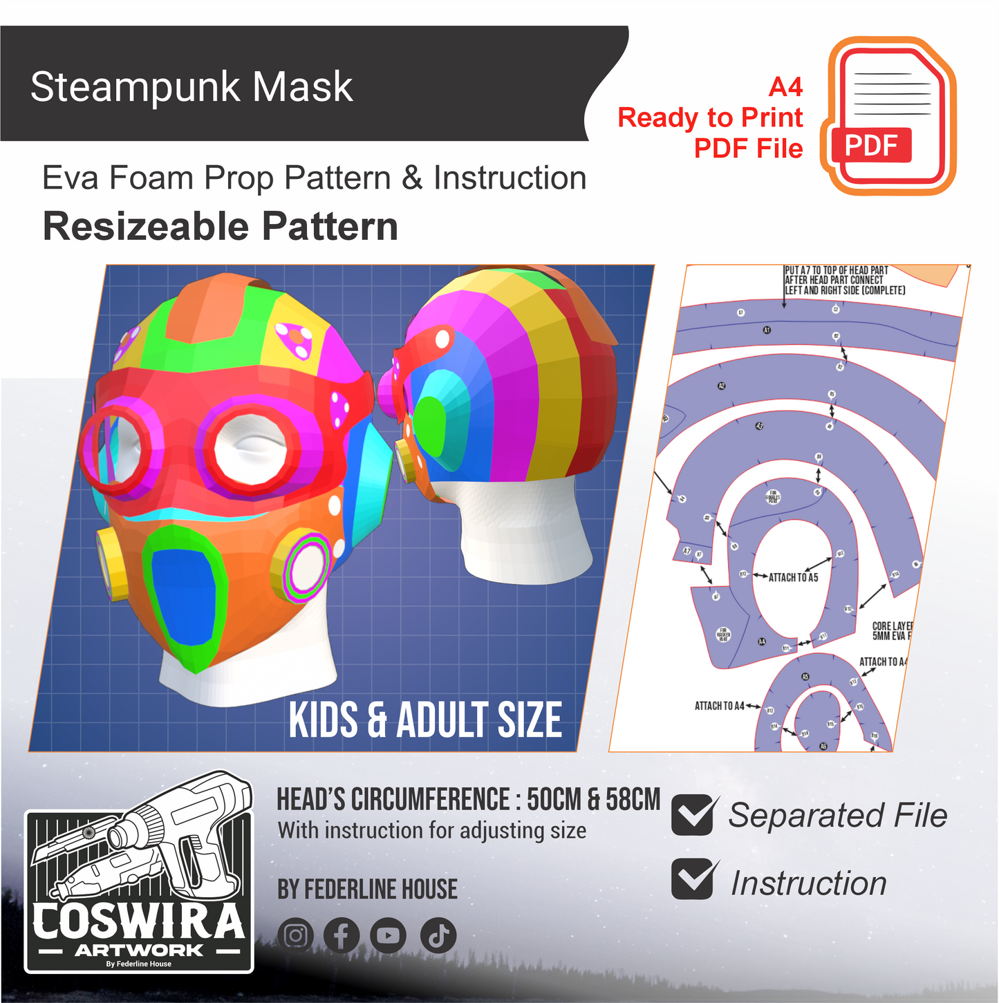 Steampunk Mask Prop Pattern Template – EVA Foam Basic Pattern for Cosplay & DIY Builds