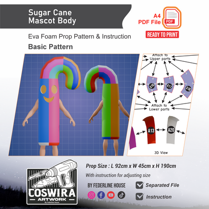 Sugar Cane Mascot Body Prop Pattern Template – EVA Foam Pattern for Cosplay and DIY Builds Inspired by Mascot Character Design