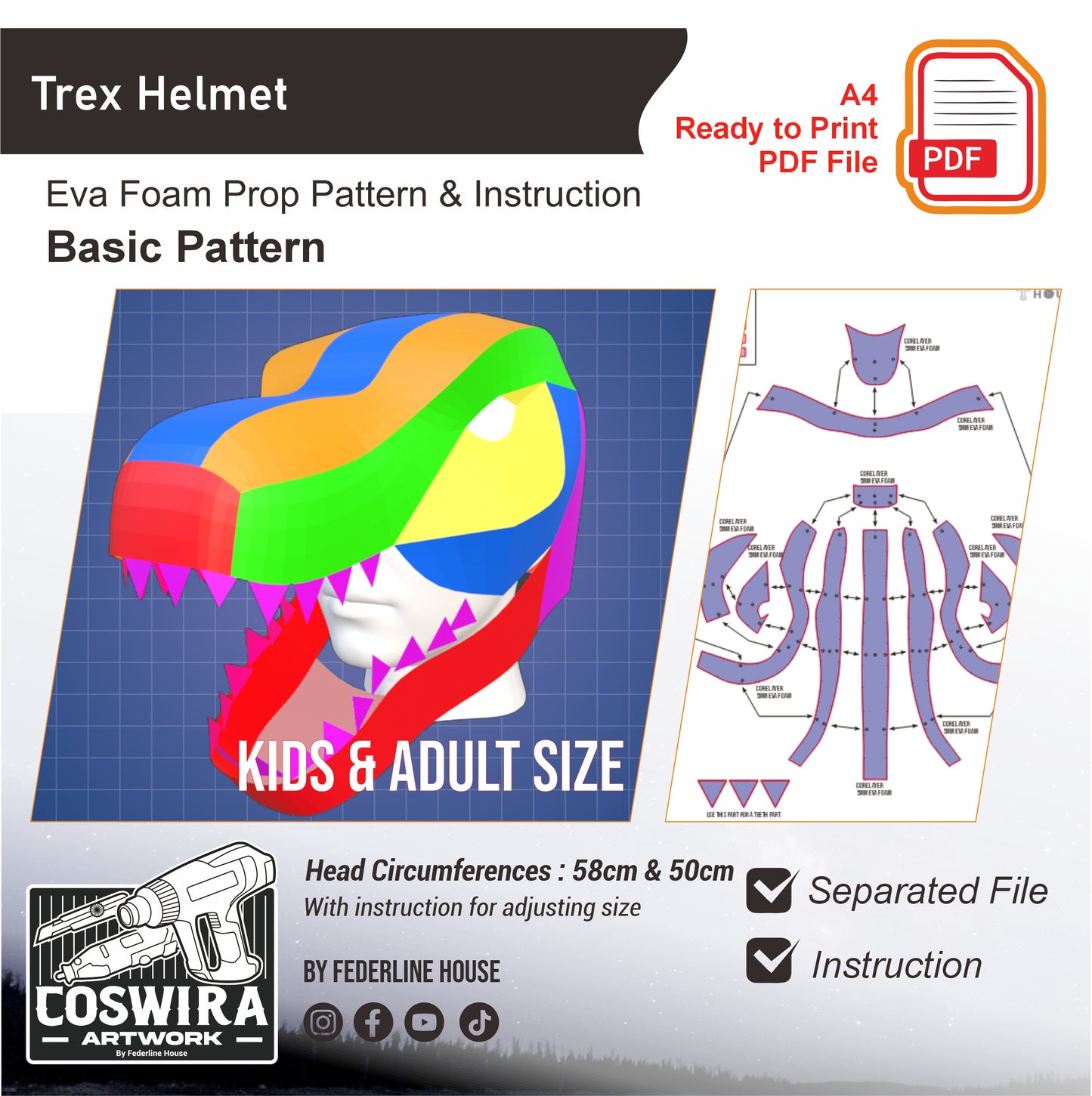 T-Rex Helmet Prop Pattern Template – EVA Foam Basic Pattern for Cosplay & DIY Builds