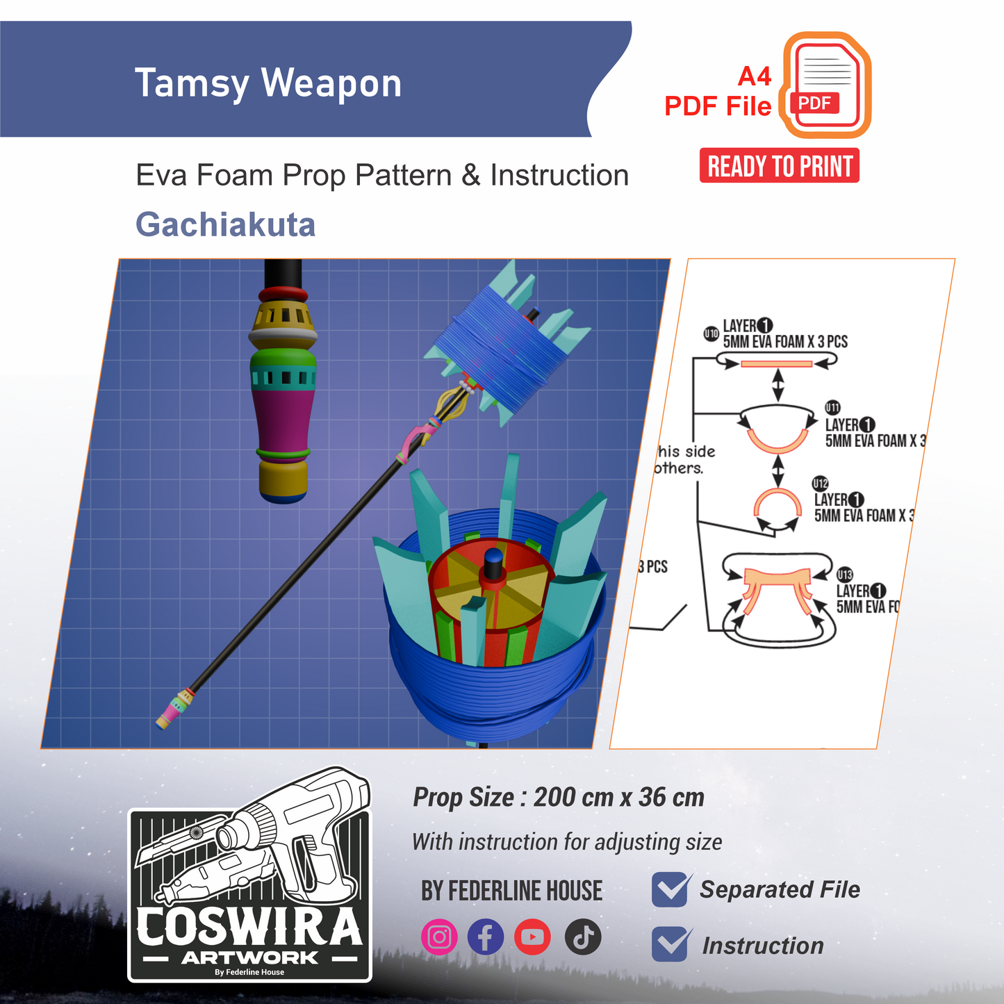 Tamsy Weapon Prop Pattern Template – EVA Foam Pattern for Cosplay and DIY Builds Inspired by Fantasy Weapon Design