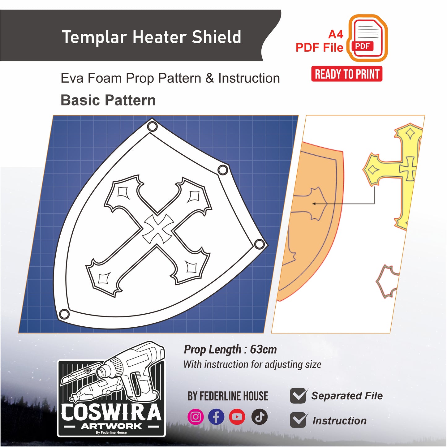 Templar Heater Shield Basic Pattern Template – EVA Foam Cosplay Shield Printable PDF