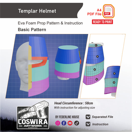 Templar Helmet Basic Pattern Template – EVA Foam Cosplay PDF for DIY Builds